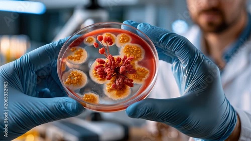 Video of a lab technician’s gloved hands holding a blood agar culture plate with Group B Strep colonies, inside a modern clinical laboratory.
