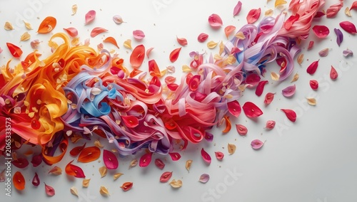 Vibrant artistic floral motif with flowing colorful petals on a smooth white backdrop