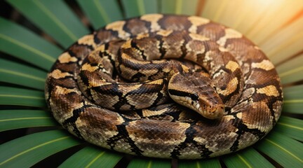 Brown snake coiled on green palm leaves. Reptile with intricate patterns rests in sunlight. Closeup of wild animal in nature habitat. Serpent hides among foliage.