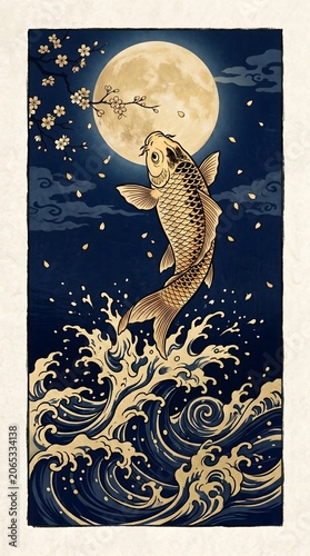 Golden Koi Fish Leaping Toward Full Moon Japanese Wave Art Night Scene