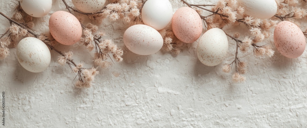 Obraz premium Textured white surface Easter backdrop with quail eggs in pink and white and decorative catkins for celebrations