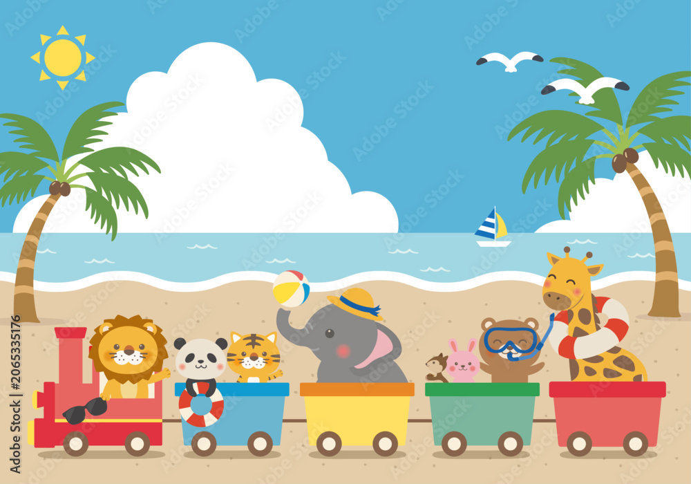 Fototapeta premium 【ベクター】動物汽車の夏イラスト（カラフル・ヤシの木あり・手描き販促素材）