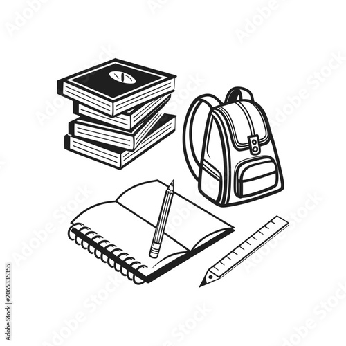 Stack of Books, Open Notebook with Pencil, Ruler, and Backpack - School Supplies Illustration