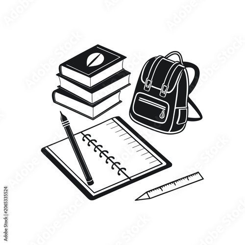 Stack of Books, Open Notebook, Pencil, Ruler, and Backpack for School or Study