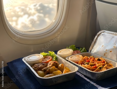 Airline food trays with meals and scenic window view