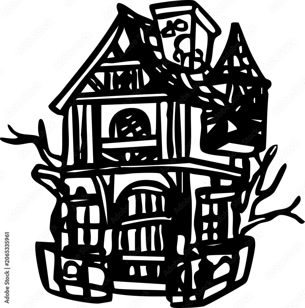 Naklejka premium Halloween Haunted House Spooky Creepy Horror Ghost Mansion Cottage Castle Home Building Cartoon Illustration