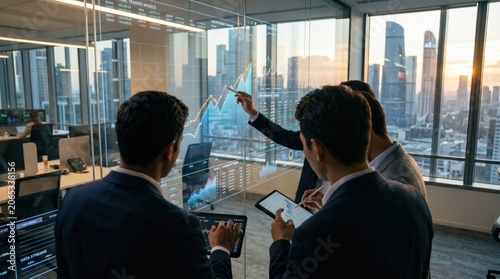 Financial traders analyzing stock market trends on transparent glass screen in high-rise office, investment banking and global economy trading concept at sunset