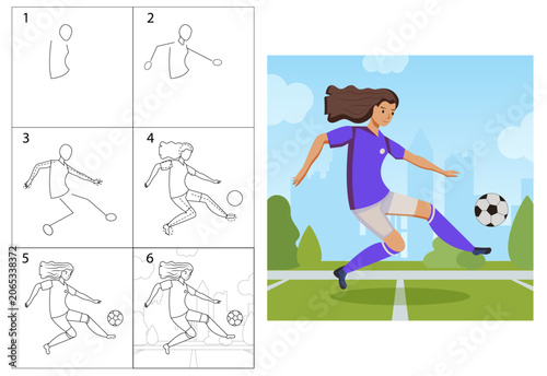 Step-by-step illustration of how to draw a football player girl. Illustrator-10 saved version.