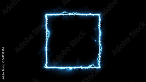 Realistic animated blue square frame on black background, glowing neon electric energy border 4K transparent overlay