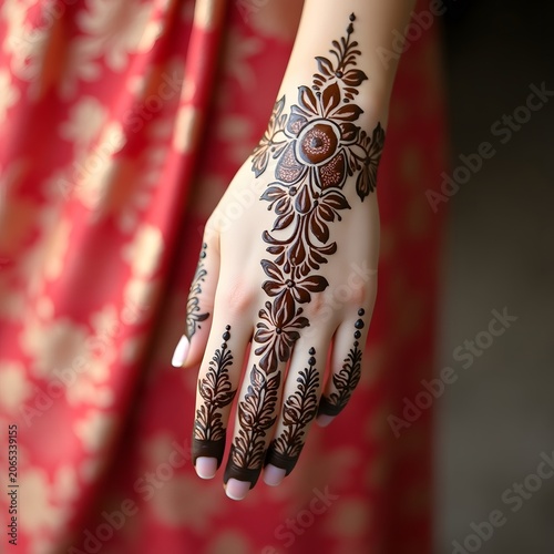 A woman's hand adorned with intricate henna tattoo and floral design