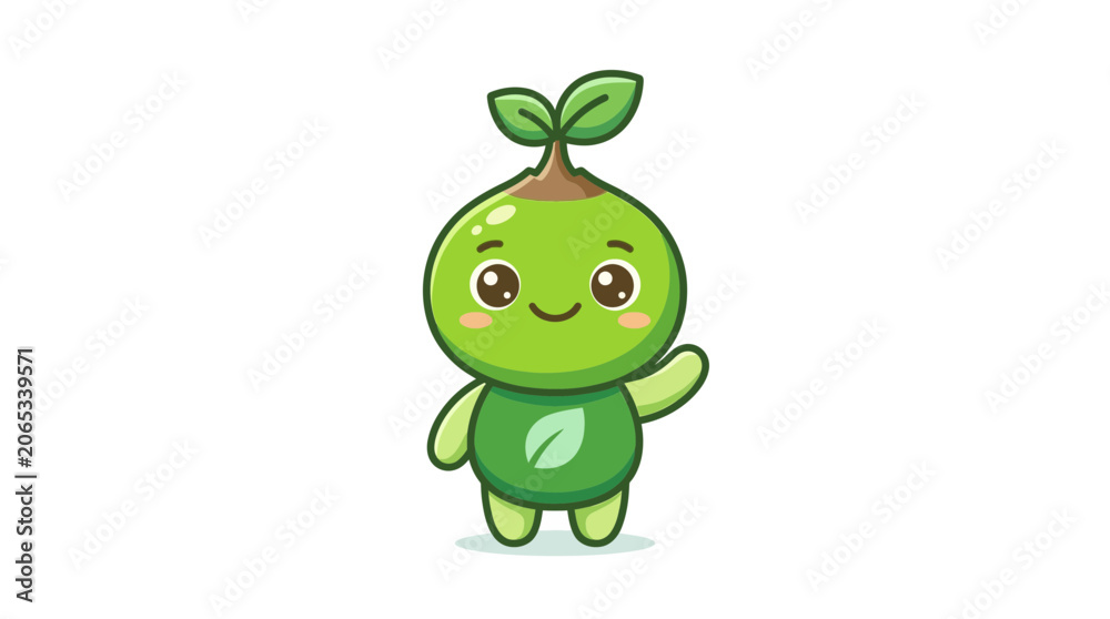 Fototapeta premium Cute Green Sprout Character Mascot Waving with Leaf Seedling Illustration