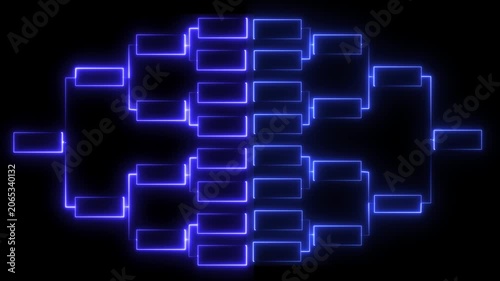 glowing neon or outline championship single elimination tournament bracket or tree diagram isolated on neon . Fields for 8 players or teams,