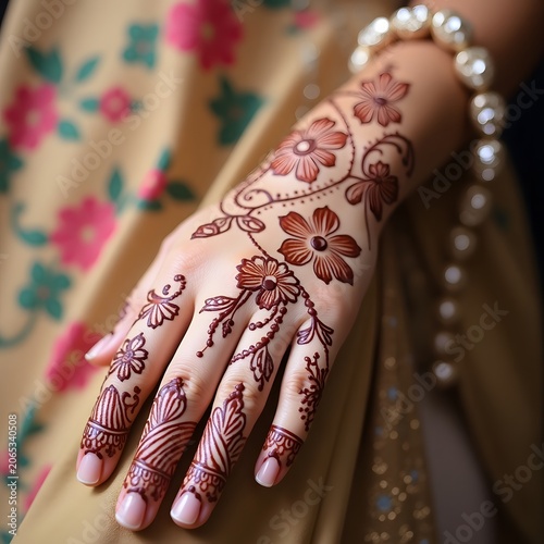 A woman's hand adorned with intricate henna tattoos and jewelry