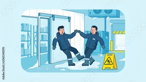 Two workers struggle to maintain balance on icy floor in cold storage area with safety sign visible in the background