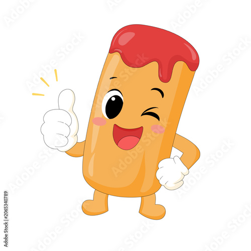 Cute and cheerful tteokbokki mascot character giving a thumbs up gesture with a wink and happy smile. Adorable Korean street food cartoon illustration in kawaii style, isolated on a white background. 