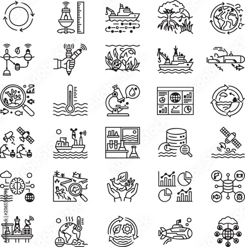Tableau sur toile Ocean Carbon Monitoring Line Icons Set for Climate Analytics, Marine Science, Ca