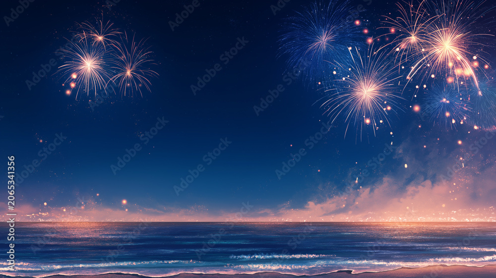 Naklejka premium 海の彼方で打ち上がる花火と夜空の星が重なる幻想的な夏祭り風景イラスト、海辺、花火大会、水平線、波、水面反射、夜景、星空、打ち上げ花火、納涼、夏休み、観光、旅行、リゾート、イベント、ロマンチック、癒し、絶景、背景、壁紙、ポスター、広告、チラシ、配信、動画サムネイル、SNS、音楽ジャケット、季節素材、商用利用、高品質、海岸、きらめき、余白、バナー、ヘッダー、挿絵、夏の思い出、販促、装丁、素材集、観賞用