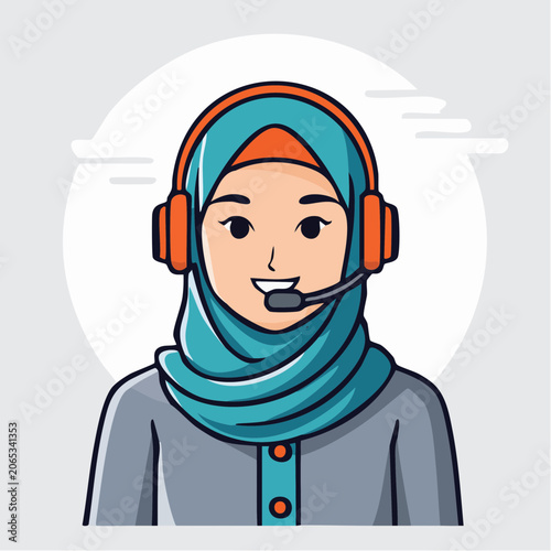 Muslim Woman Wearing Hijab and Headset, Customer Service Representative
