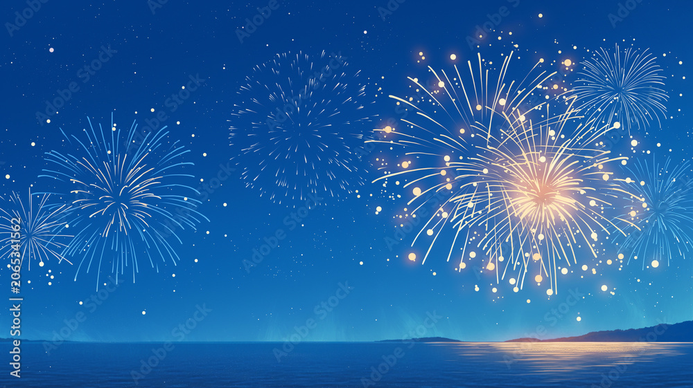 Fototapeta premium 夏の夜空に広がる打ち上げ花火と静かな海を描いた幻想的な風景イラスト、花火大会、海辺、水平線、水面反射、波、星空、夜景、夏祭り、納涼、リゾート、観光、旅行、イベント、夏休み、ロマンチック、癒し、絶景、背景、壁紙、ポスター、広告、チラシ、配信用背景、動画サムネイル、SNS、音楽ジャケット、季節素材、商用利用、高品質、海岸、きらめき、余白、バナー、ヘッダー、挿絵、高解像度、夏の思い出、販促、装丁、観賞用