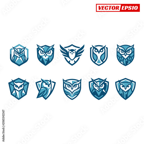 Set of ten blue owl head shield logos representing wisdom and protection.