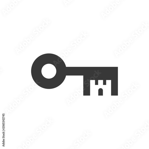 A single black key and castle on a plain white background