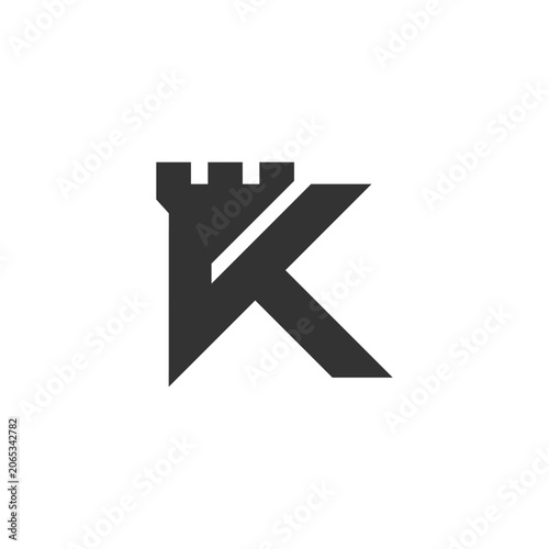 A stylized black letter K with a castle on top