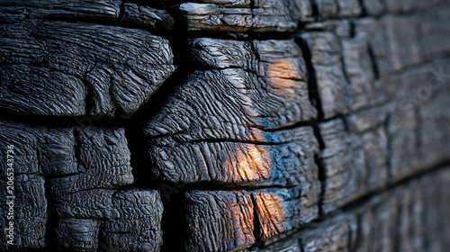 Textured Detail of Dark Burnt Wood with Fiery Accents and Grain