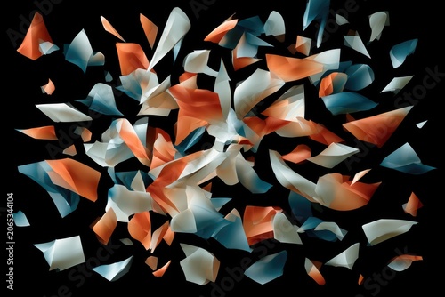 Explosion of Shattered Geometric Shapes in Orange, Blue, and White.