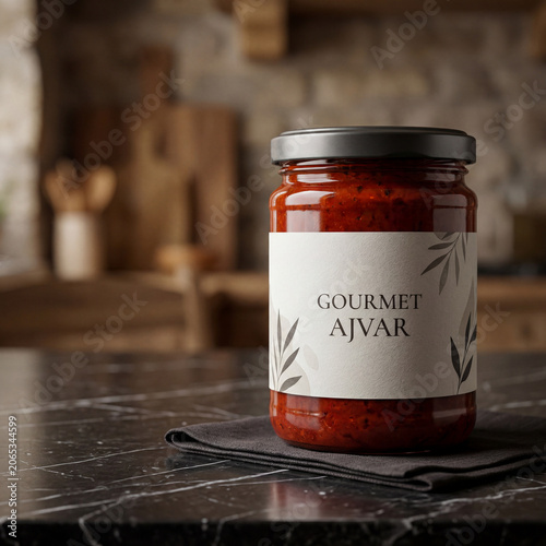 Gourmet Ajvar glass jar with black lid on dark marble countertop