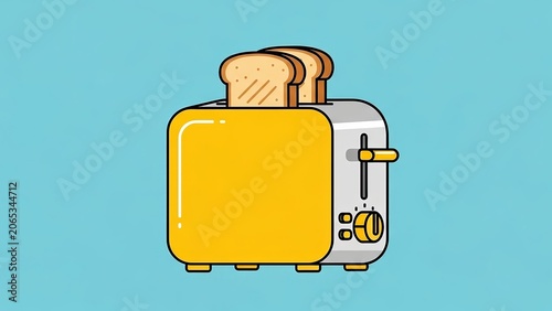 Flat vector illustration of a yellow toaster with two slices of bread on a blue background