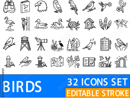 Fotografía Birds collection features various avian species and ornithological study icons designed in a clean linear style for educational and scientific creative projects