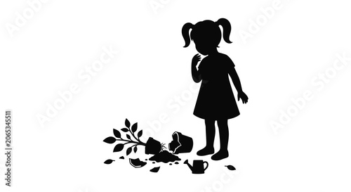 Tableau sur toile Child silhouette with broken tea set on white background