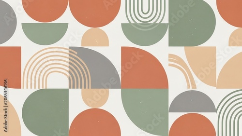 Abstract geometric pattern with earthy semicircles and arches in mid-century modern style