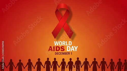 World AIDS Day banner with red awareness ribbon and silhouettes of people holding hands on red gradient background.