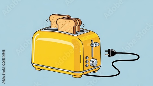 Yellow retro toaster with popping toasted bread slices on blue background