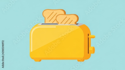 Yellow toaster with bread slices on blue background illustration