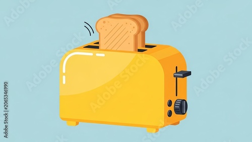Yellow kitchen toaster with toasted bread slices popping up, flat vector illustration on blue background