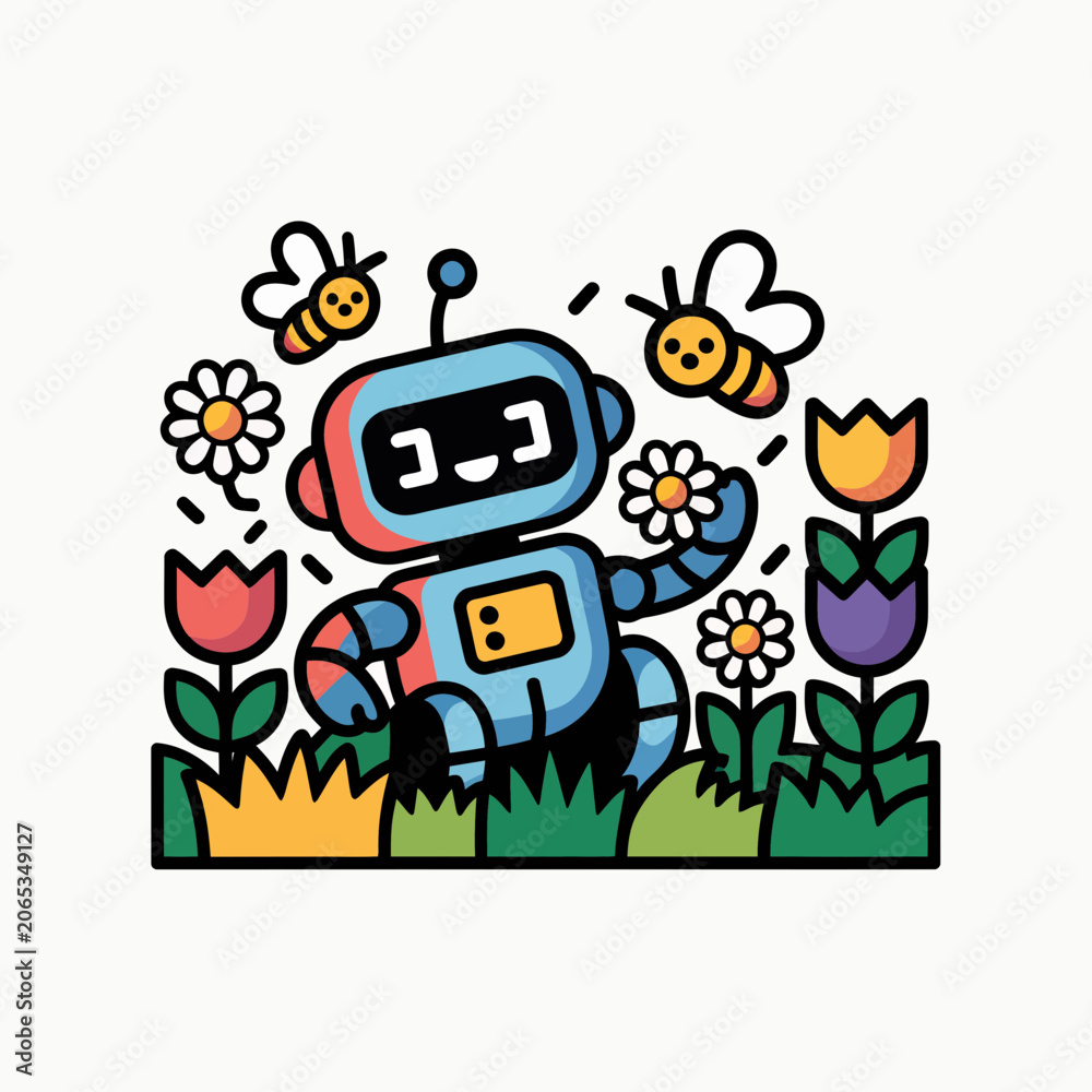 Naklejka premium Blue Robot Playing with Bees among Colorful Flowers in Garden