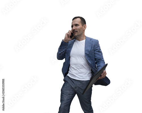 businessman in a suit walks down the street and talks on the phone, a successful stylish businessman, isolated object on transparent background, png