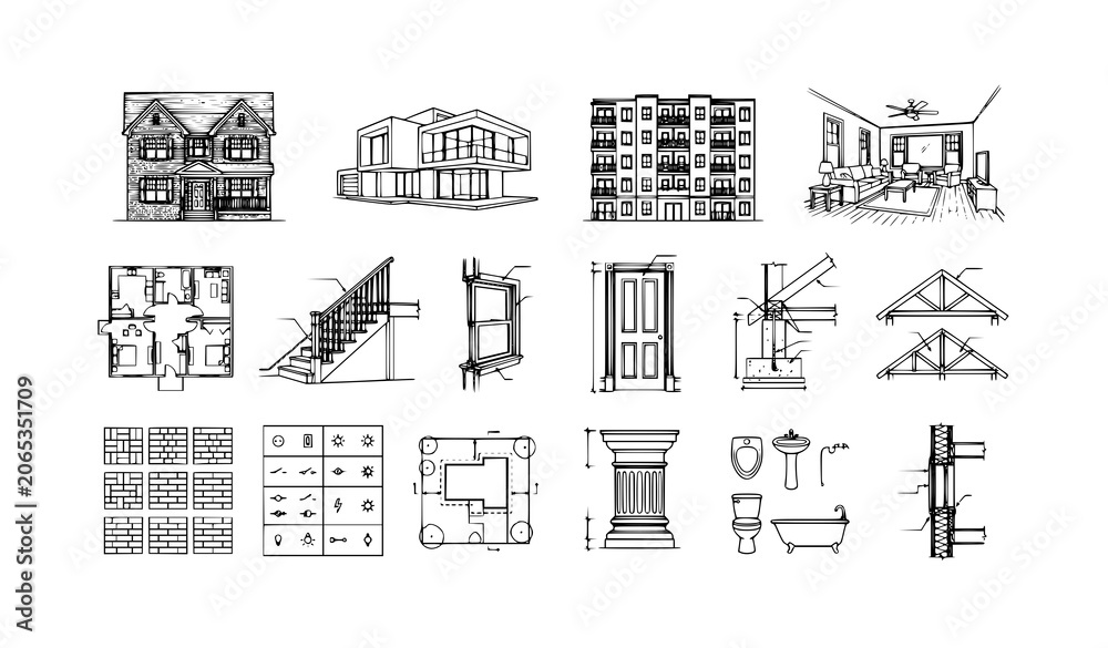 Fototapeta premium Architectural Line Drawing Set with Interior and Exterior Building Sketch Vector Illustrations