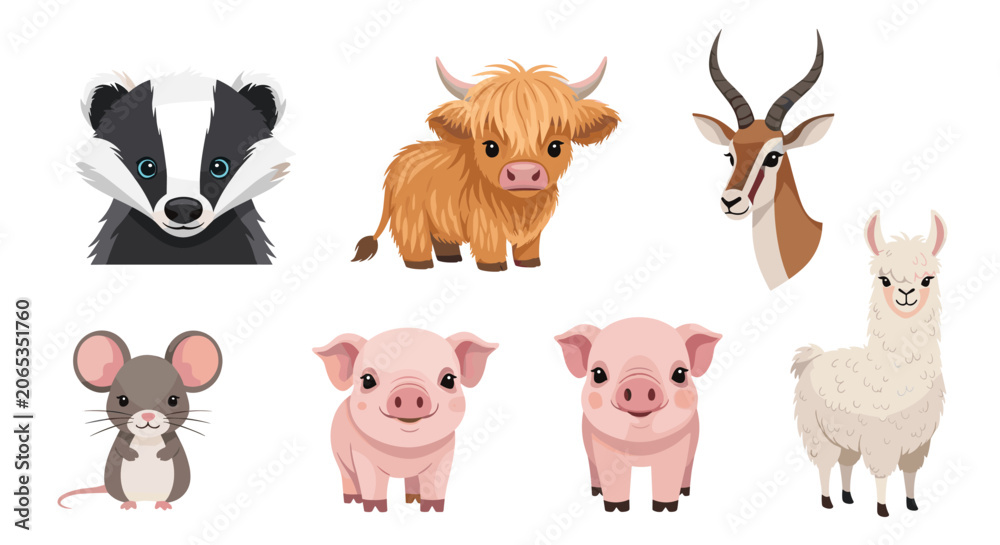 Fototapeta premium Collection of various cute cartoon animals including a badger, highland cow, gazelle, llama, mouse, and two pink pigs.