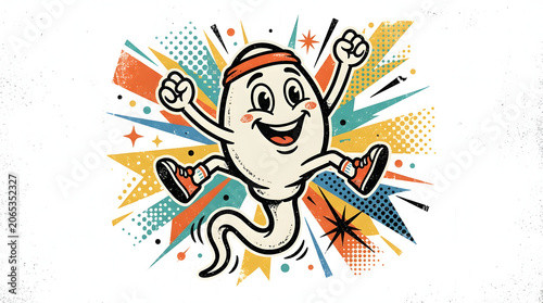 Vibrant Cartoon Sperm Character Joyfully Leaping with Dynamic Pop Art Background for Fertility and Health Concepts