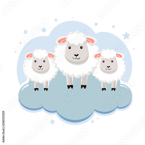 Three cartoon sheep standing on a cloud