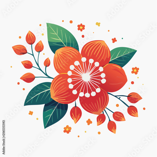 Vibrant Floral Illustration with Red Flowers and Green Leaves
