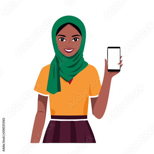 Woman in hijab holding smartphone illustration