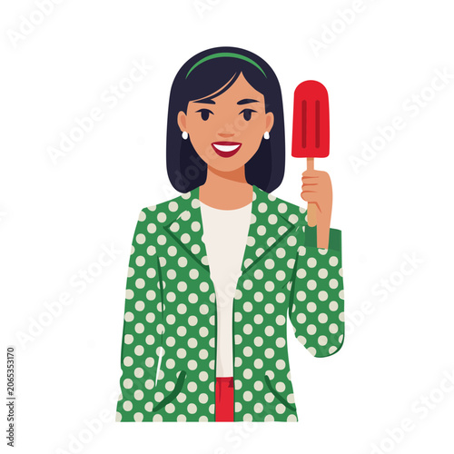 Woman holding red popsicle in flat design style