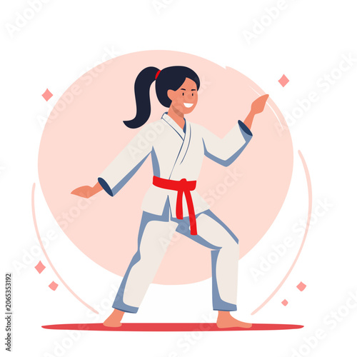 Woman in Karate Stance, Flat Vector Illustration