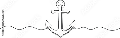 Photos Black line drawing of an anchor on with wavy sea line