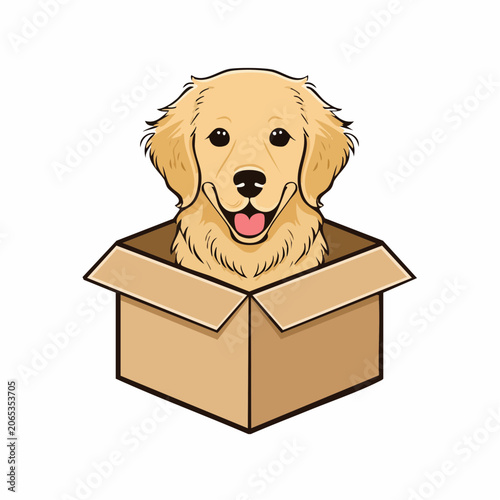 Happy Golden Retriever Dog in a Cardboard Box