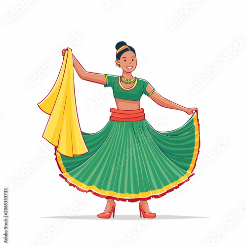 Indian Woman Dancing in Traditional Green and Yellow Outfit